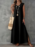 Boho Chic Linen-Blend Side-Slit Maxi Dress