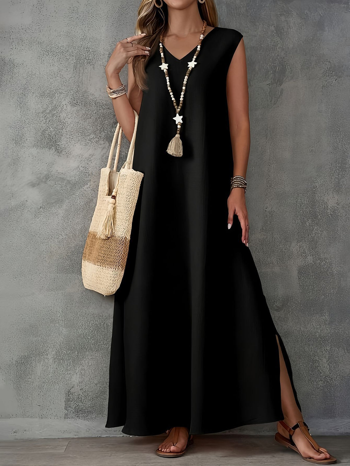 Boho Chic Linen-Blend Side-Slit Maxi Dress
