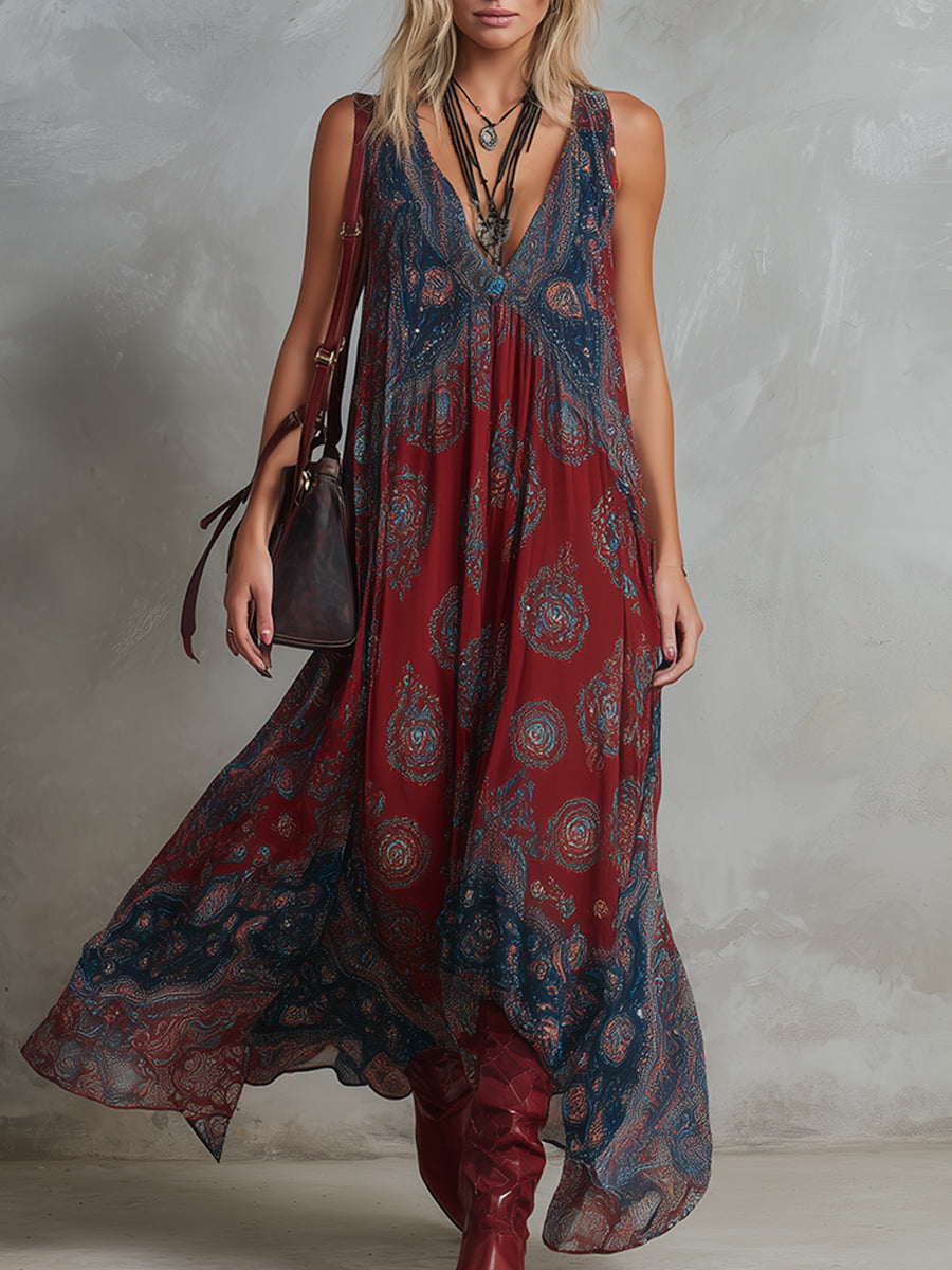 Women's Retro Bohemian Print Chiffon Maxi Dress