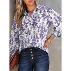 Women's Casual V Neck Allover Floral Print Long Sleeve Chiffon Button Down Blouses Bohemian Top Shirts