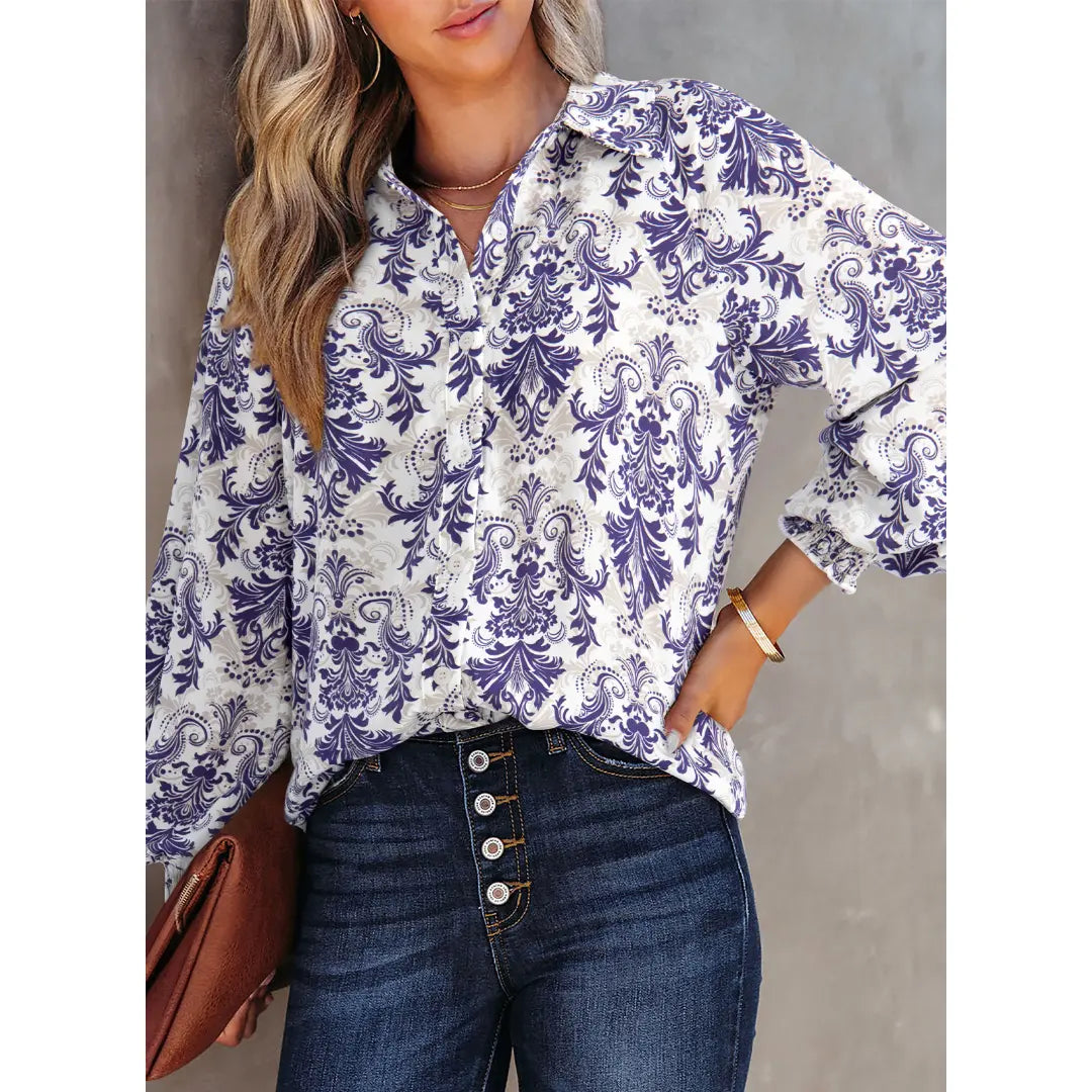 Women's Casual V Neck Allover Floral Print Long Sleeve Chiffon Button Down Blouses Bohemian Top Shirts