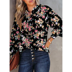 Women's Casual V Neck Allover Floral Print Long Sleeve Chiffon Button Down Blouses Bohemian Top Shirts