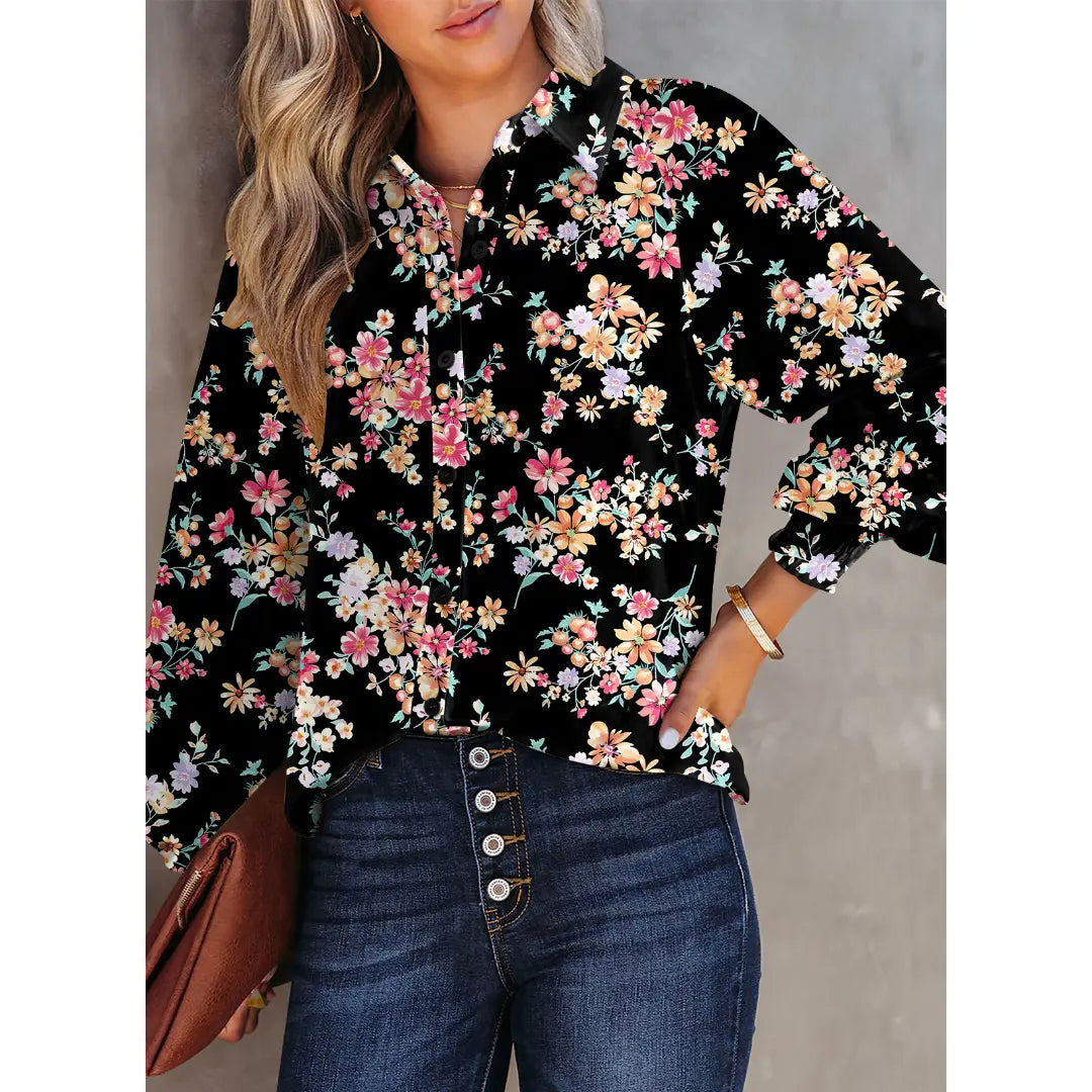 Women's Casual V Neck Allover Floral Print Long Sleeve Chiffon Button Down Blouses Bohemian Top Shirts