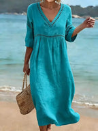 Women's Linen V-Neck Midi Dress