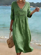 Women's Linen V-Neck Midi Dress
