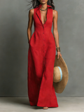 Women's Minimalist Linen-Blend Collared Single-Breasted Sleeveless Maxi Shirt Dress