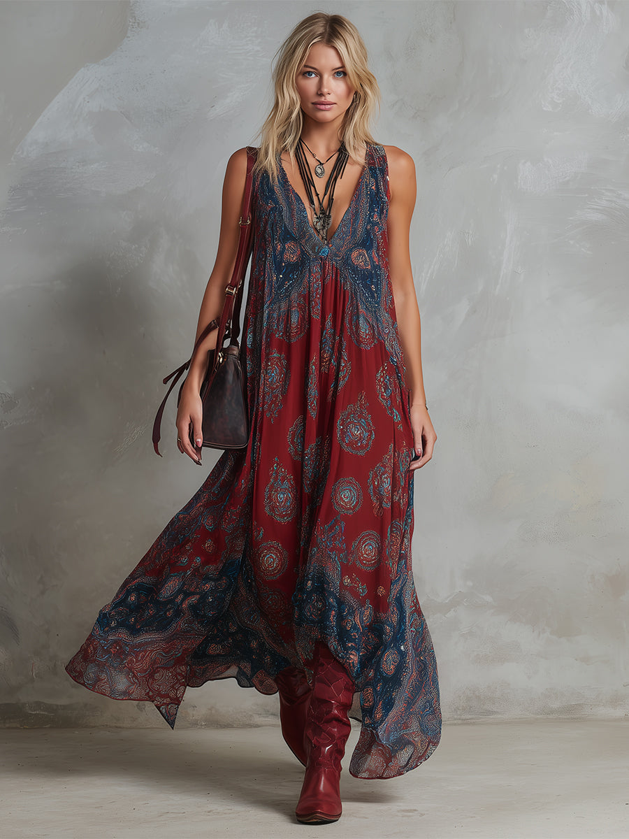 Women's Retro Bohemian Print Chiffon Maxi Dress