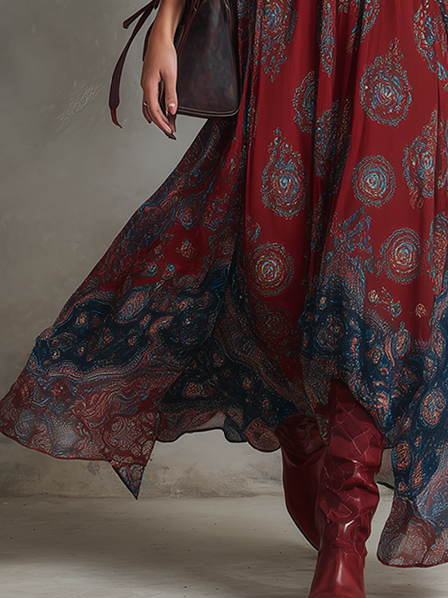 Women's Retro Bohemian Print Chiffon Maxi Dress