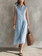 Women's Solid-color Stand-collar Sleeveless Casual Loose Pleated Cotton-linen Dress