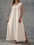 Boho Chic Linen-Blend Side-Slit Maxi Dress