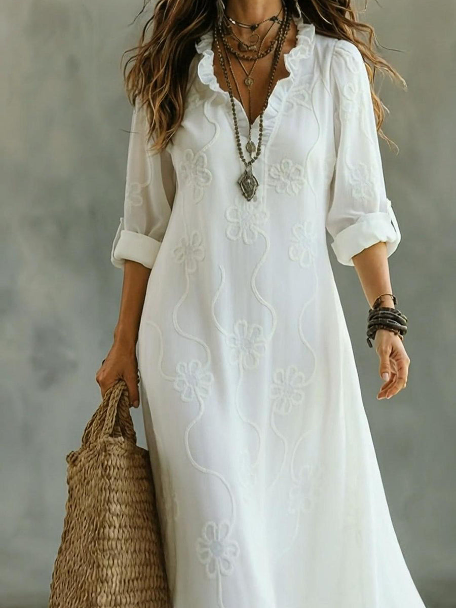 Retro Floral Ruffled-Collar A-Line Dress