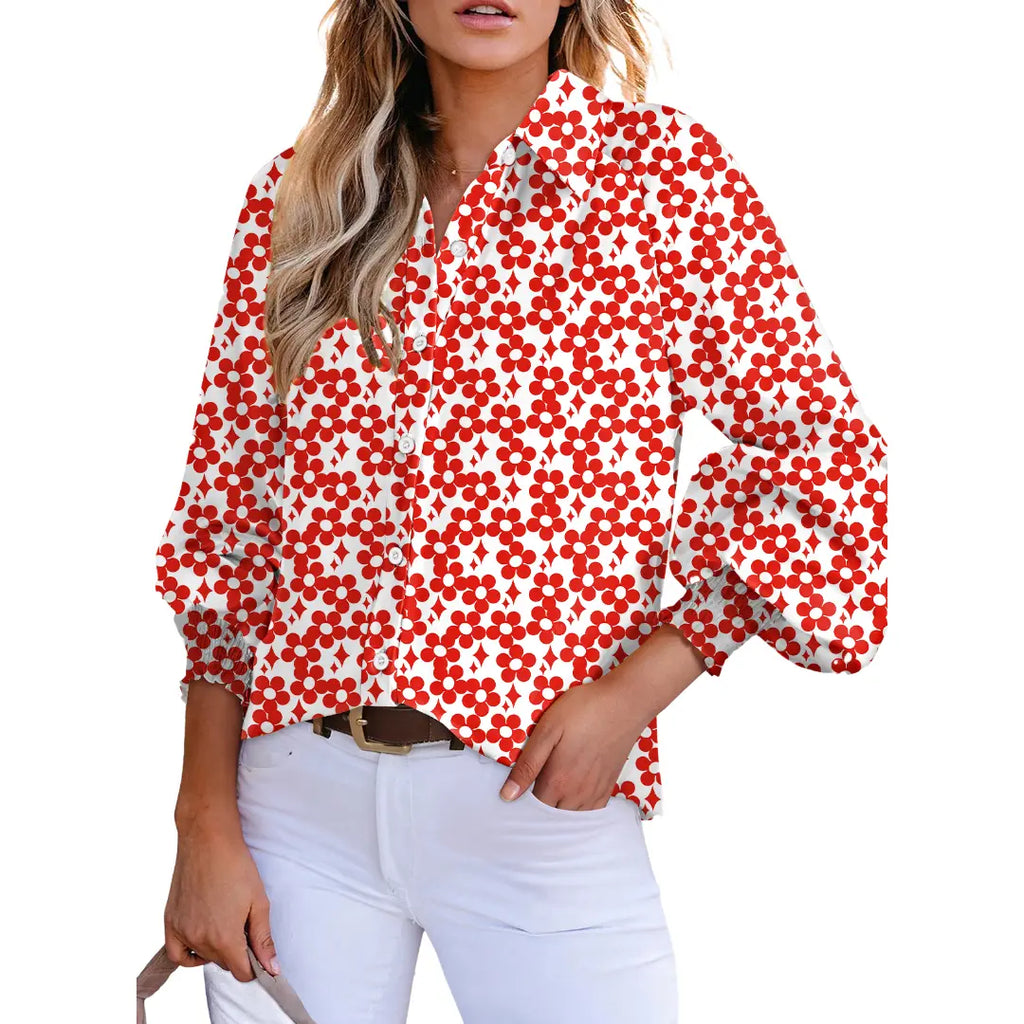 Women's Casual V Neck Allover Floral Print Long Sleeve Chiffon Button Down Blouses Bohemian Top Shirts