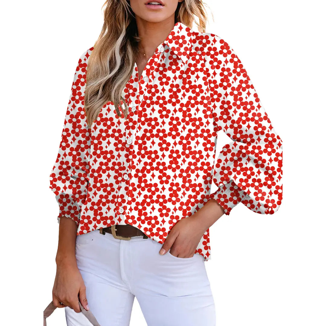 Women's Casual V Neck Allover Floral Print Long Sleeve Chiffon Button Down Blouses Bohemian Top Shirts