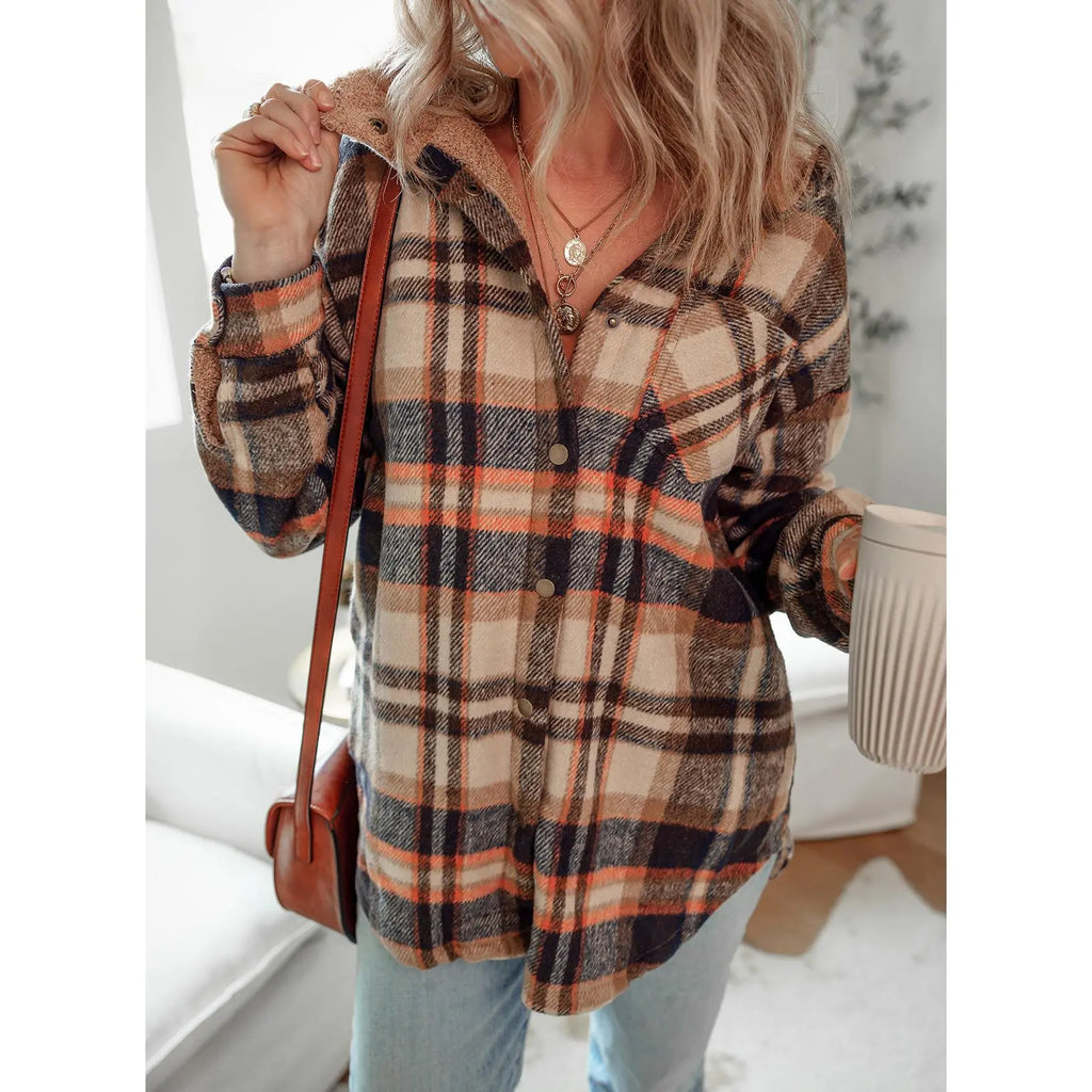 Women's Flannel Hooded Plaid Shirt, Warm Fleece Jacket