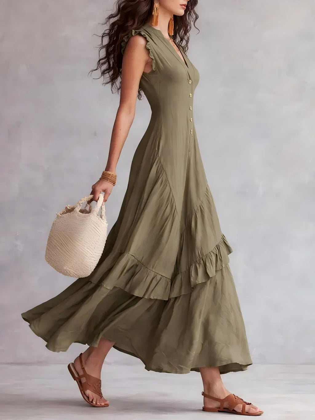 Ruffle-Hem Linen-Blend Maxi Dress