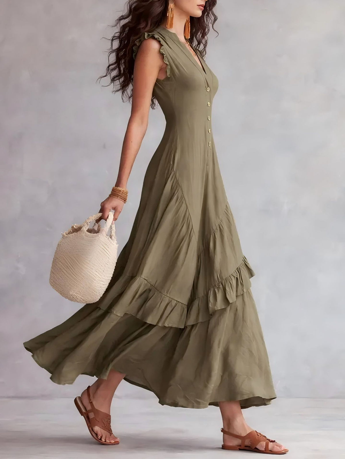 Ruffle-Hem Linen-Blend Maxi Dress