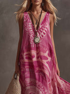 Women's Retro Print Chiffon V-Neck Maxi Dress
