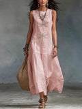 Retro Boho Dragonfly Print Linen Maxi Dress