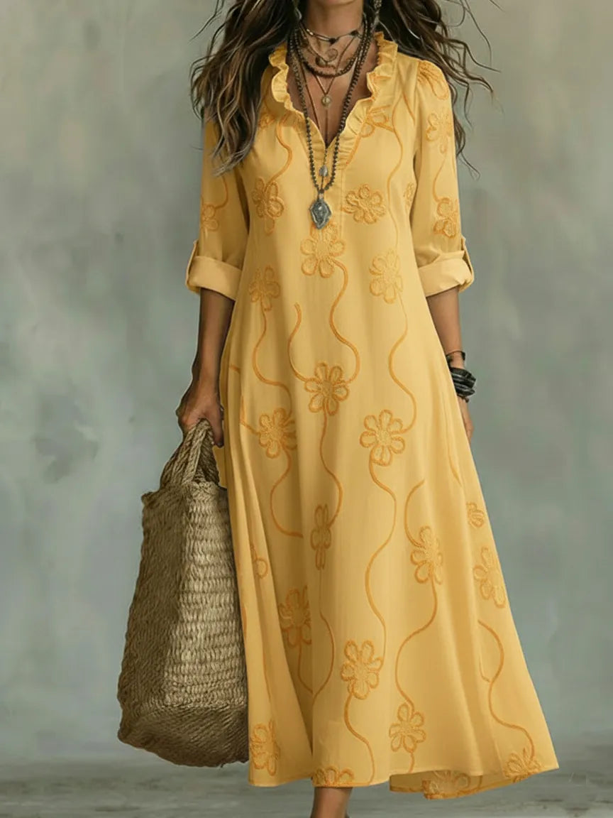 Retro Floral Ruffled-Collar A-Line Dress
