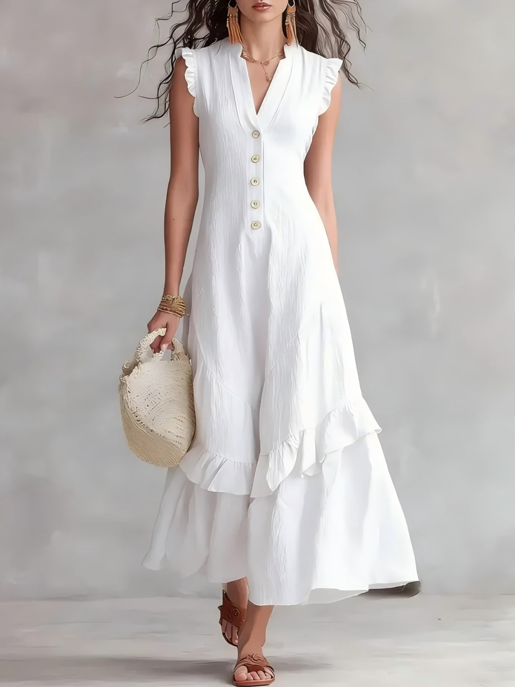 Ruffle-Hem Linen-Blend Maxi Dress